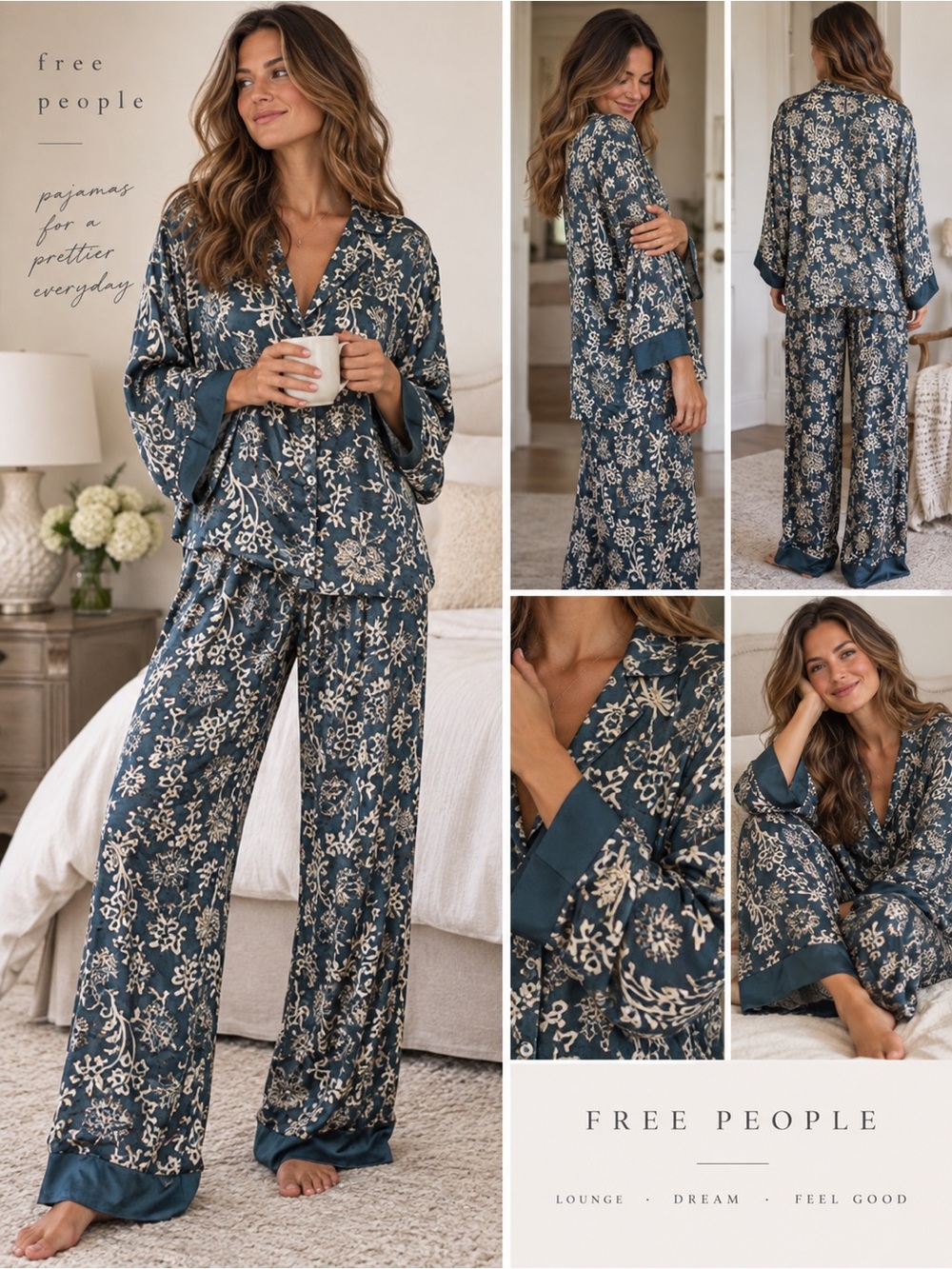 Free People Floral Satin Pajama Set in Teal and Cream